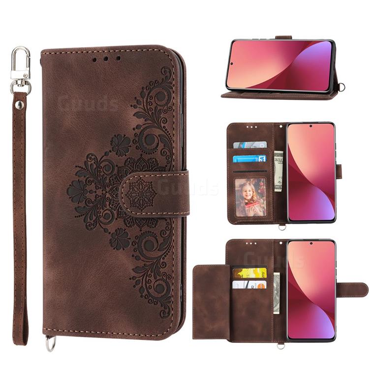Skin Feel Embossed Lace Flower Multiple Card Slots Leather Wallet Phone Case for Xiaomi Mi 12 Pro - Brown