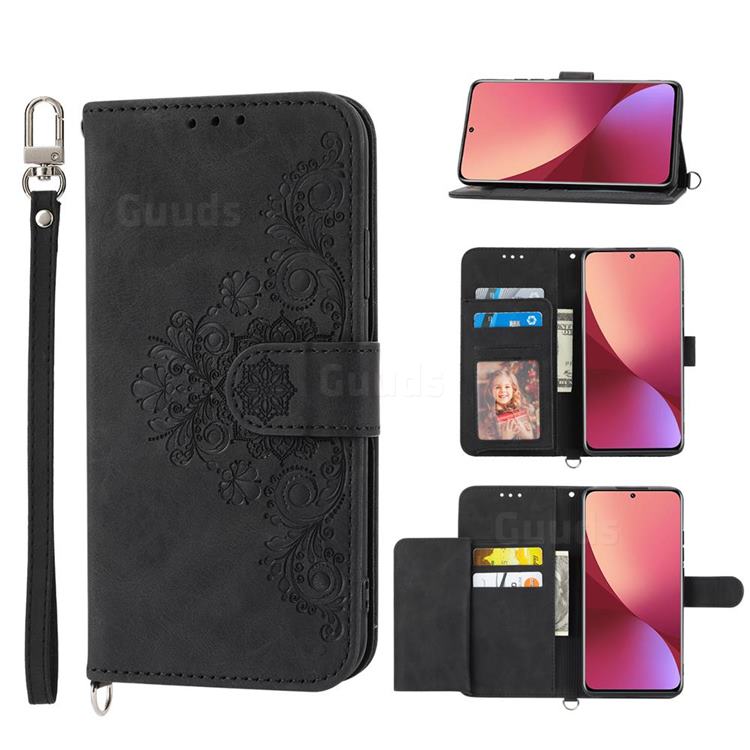 Skin Feel Embossed Lace Flower Multiple Card Slots Leather Wallet Phone Case for Xiaomi Mi 12 Pro - Black