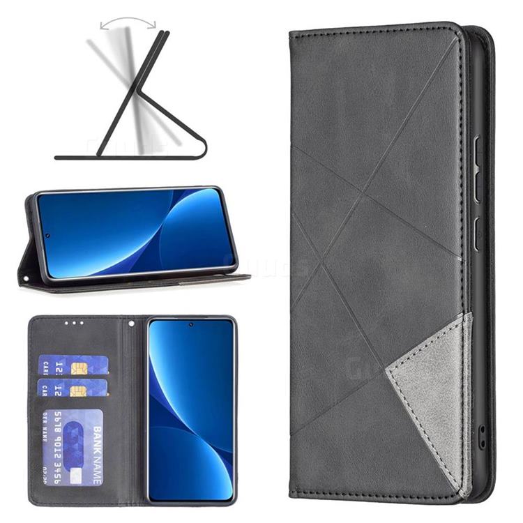 Prismatic Slim Magnetic Sucking Stitching Wallet Flip Cover for Xiaomi Mi 12 Pro - Black