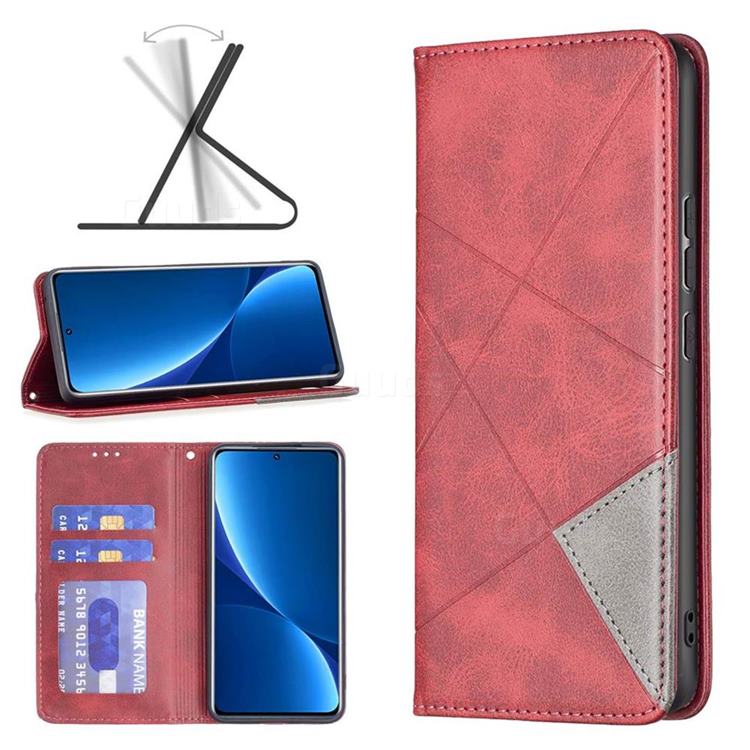 Prismatic Slim Magnetic Sucking Stitching Wallet Flip Cover for Xiaomi Mi 12 Pro - Red