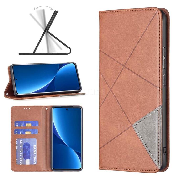 Prismatic Slim Magnetic Sucking Stitching Wallet Flip Cover for Xiaomi Mi 12 Pro - Brown