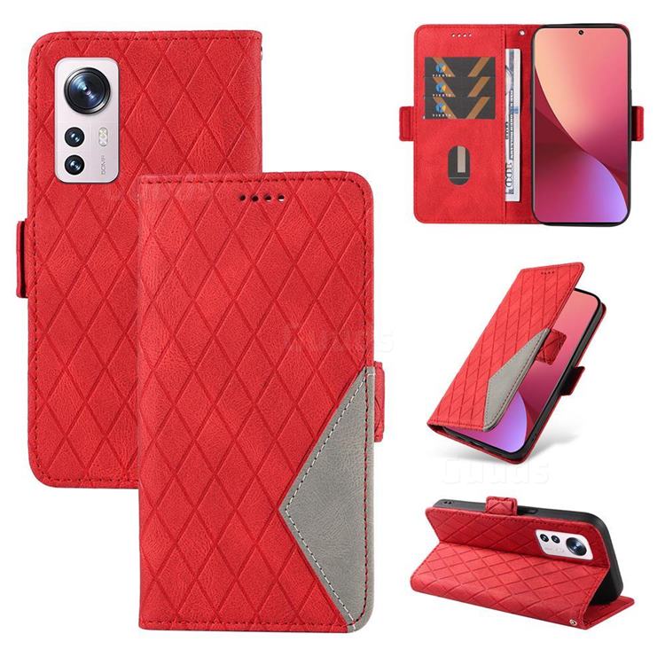 Grid Pattern Splicing Protective Wallet Case Cover for Xiaomi Mi 12 Pro - Red