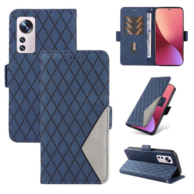 Grid Pattern Splicing Protective Wallet Case Cover for Xiaomi Mi 12 Pro - Blue