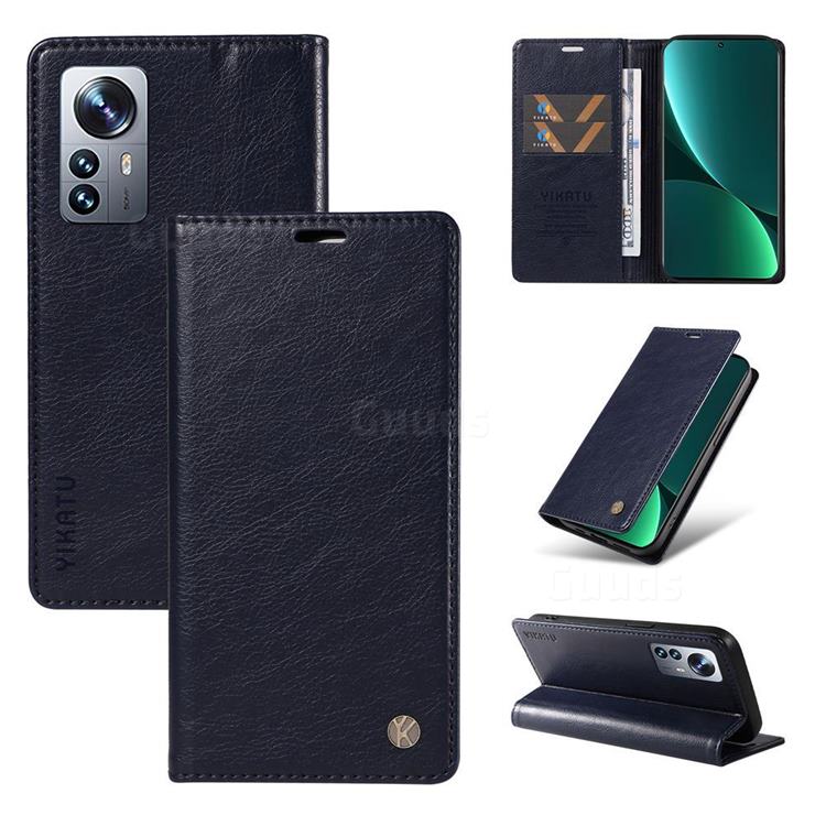 YIKATU Litchi Card Magnetic Automatic Suction Leather Flip Cover for Xiaomi Mi 12 Pro - Navy Blue