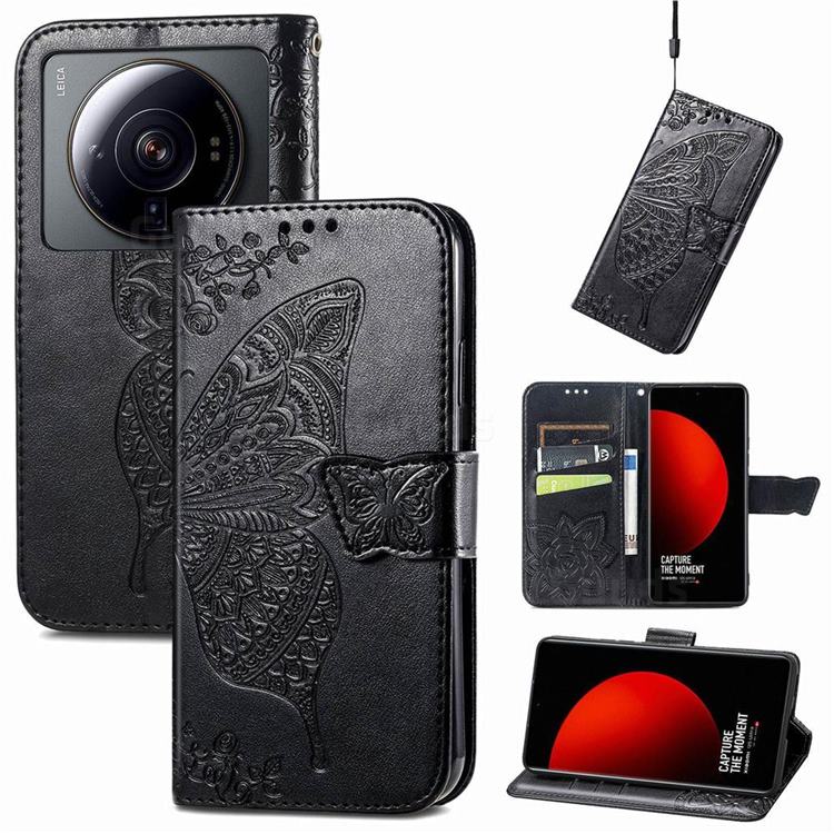 Embossing Mandala Flower Butterfly Leather Wallet Case for Xiaomi Mi 12S Ultra - Black