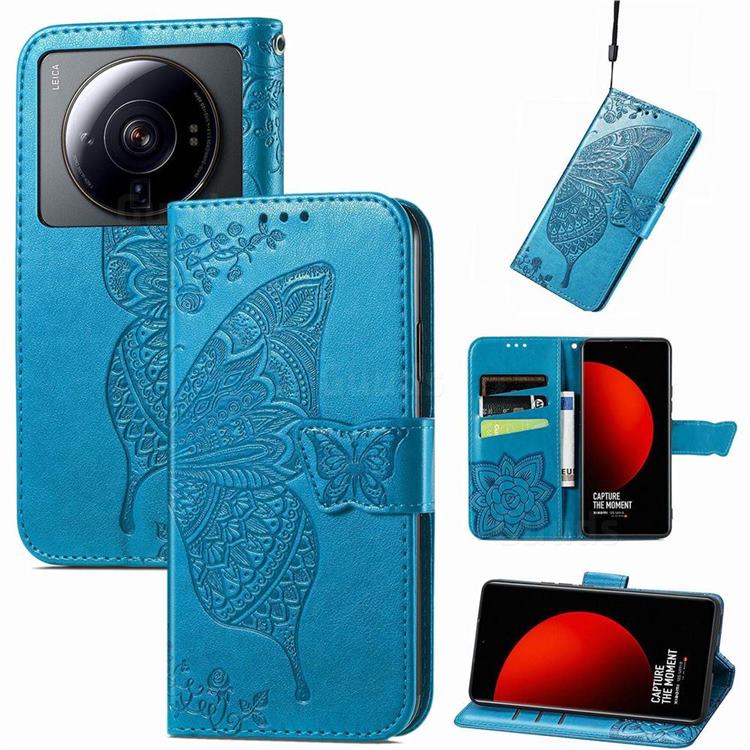Embossing Mandala Flower Butterfly Leather Wallet Case for Xiaomi Mi 12S Ultra - Blue