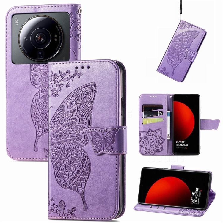 Embossing Mandala Flower Butterfly Leather Wallet Case for Xiaomi Mi 12S Ultra - Light Purple