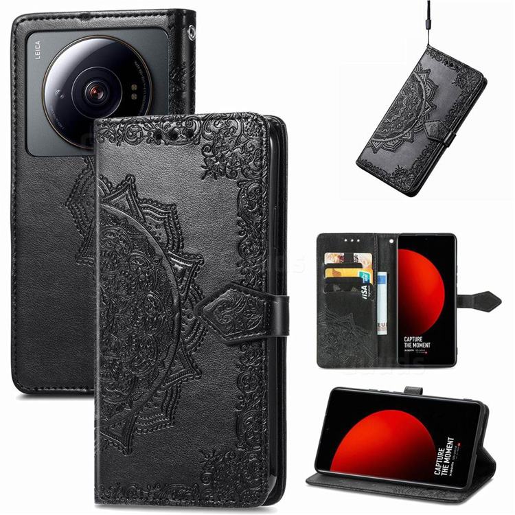 Embossing Imprint Mandala Flower Leather Wallet Case for Xiaomi Mi 12S Ultra - Black