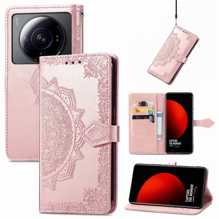 Embossing Imprint Mandala Flower Leather Wallet Case for Xiaomi Mi 12S Ultra - Rose Gold