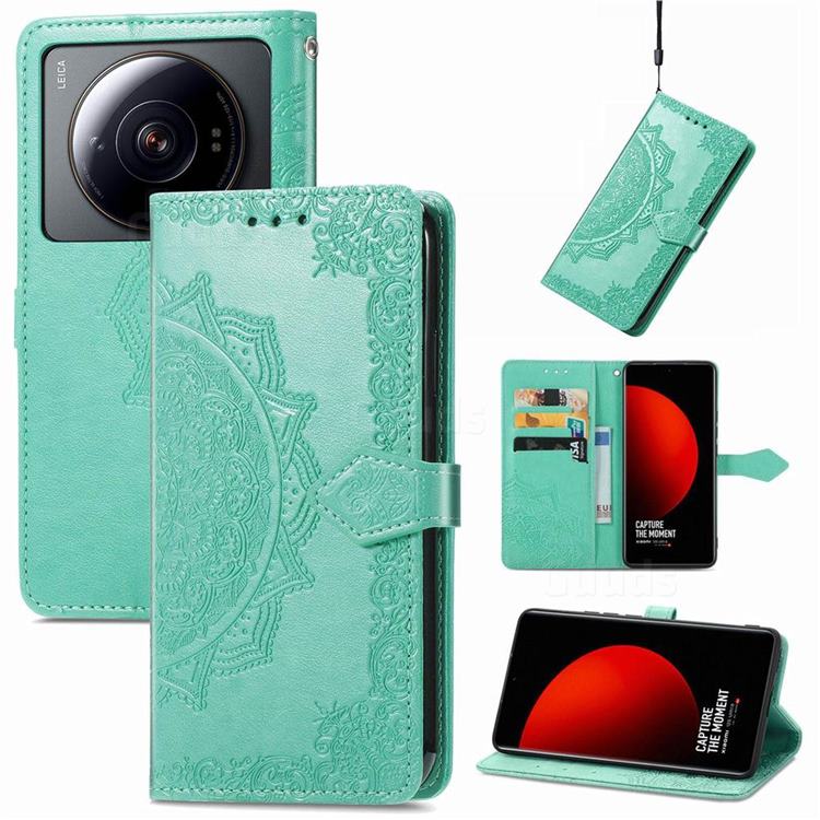 Embossing Imprint Mandala Flower Leather Wallet Case for Xiaomi Mi 12S Ultra - Green