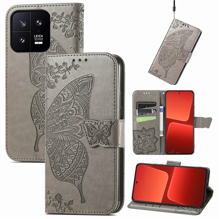 Embossing Mandala Flower Butterfly Leather Wallet Case for Xiaomi Mi 13 - Gray