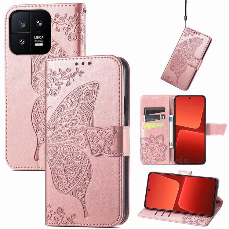 Embossing Mandala Flower Butterfly Leather Wallet Case for Xiaomi Mi 13 - Rose Gold