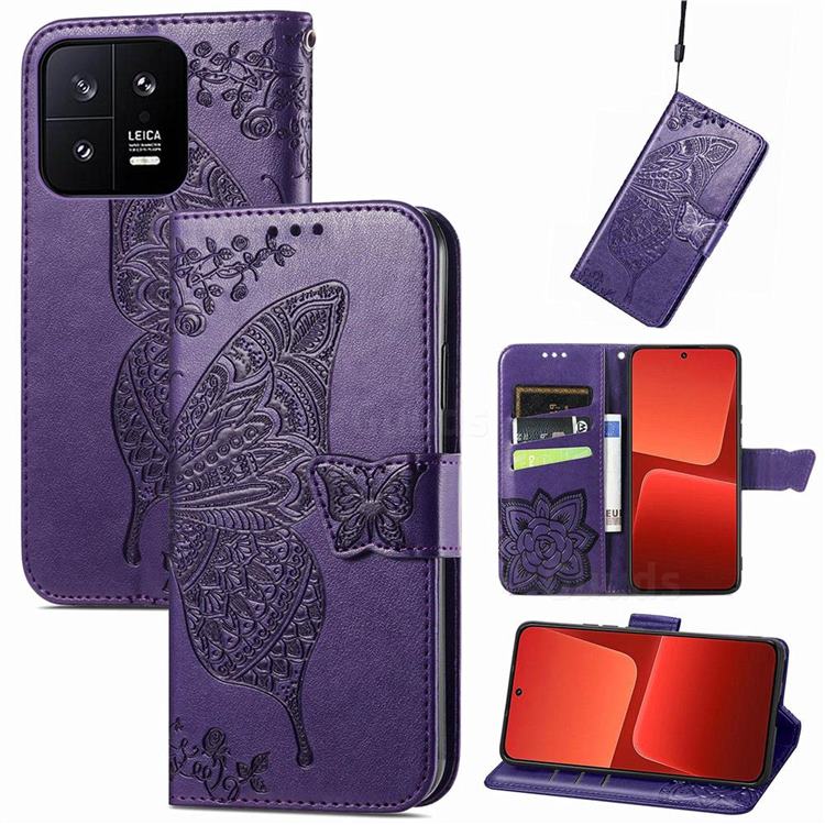 Embossing Mandala Flower Butterfly Leather Wallet Case for Xiaomi Mi 13 - Dark Purple