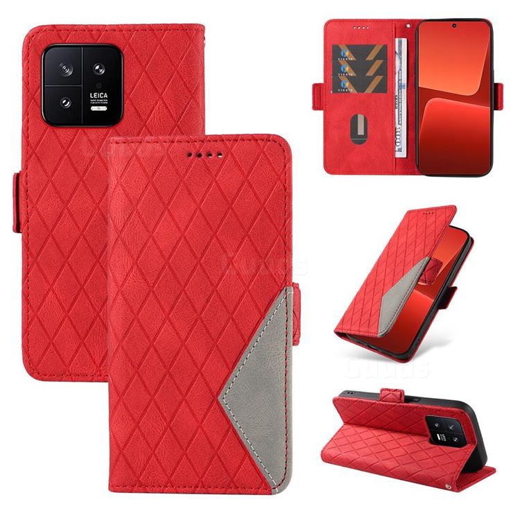 Grid Pattern Splicing Protective Wallet Case Cover for Xiaomi Mi 13 - Red