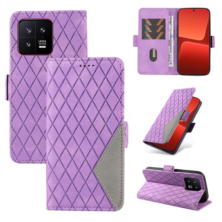Grid Pattern Splicing Protective Wallet Case Cover for Xiaomi Mi 13 - Purple