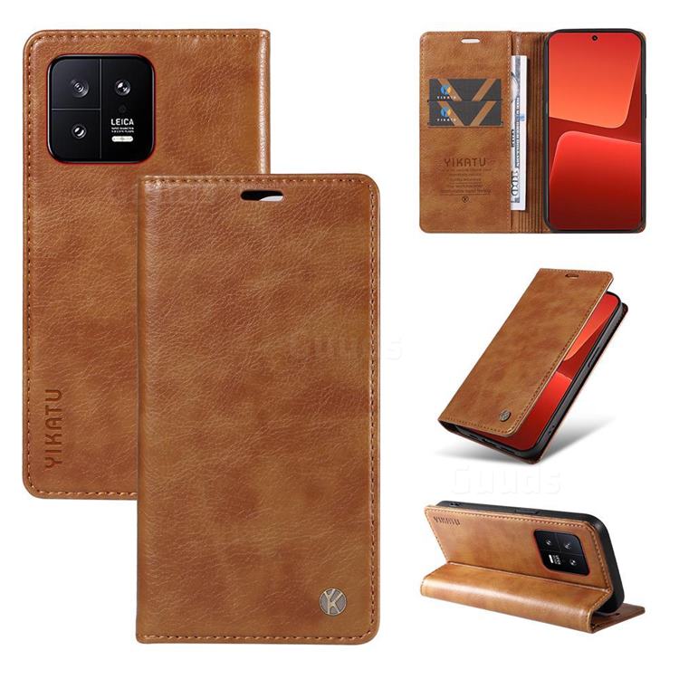 YIKATU Litchi Card Magnetic Automatic Suction Leather Flip Cover for Xiaomi Mi 13 - Brown