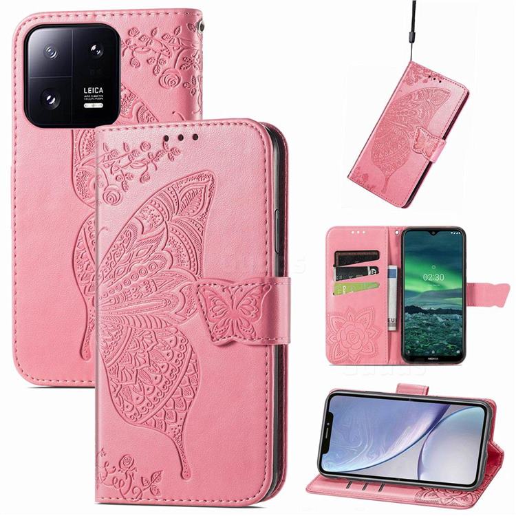 Embossing Mandala Flower Butterfly Leather Wallet Case for Xiaomi Mi 13 Pro - Pink