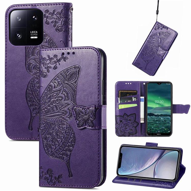 Embossing Mandala Flower Butterfly Leather Wallet Case for Xiaomi Mi 13 Pro - Dark Purple