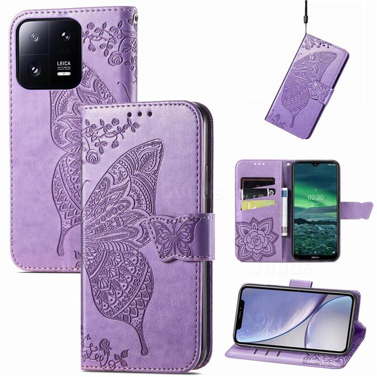 Embossing Mandala Flower Butterfly Leather Wallet Case for Xiaomi Mi 13 Pro - Light Purple