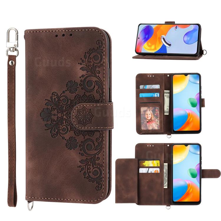 Skin Feel Embossed Lace Flower Multiple Card Slots Leather Wallet Phone Case for Xiaomi Mi 13 Pro - Brown