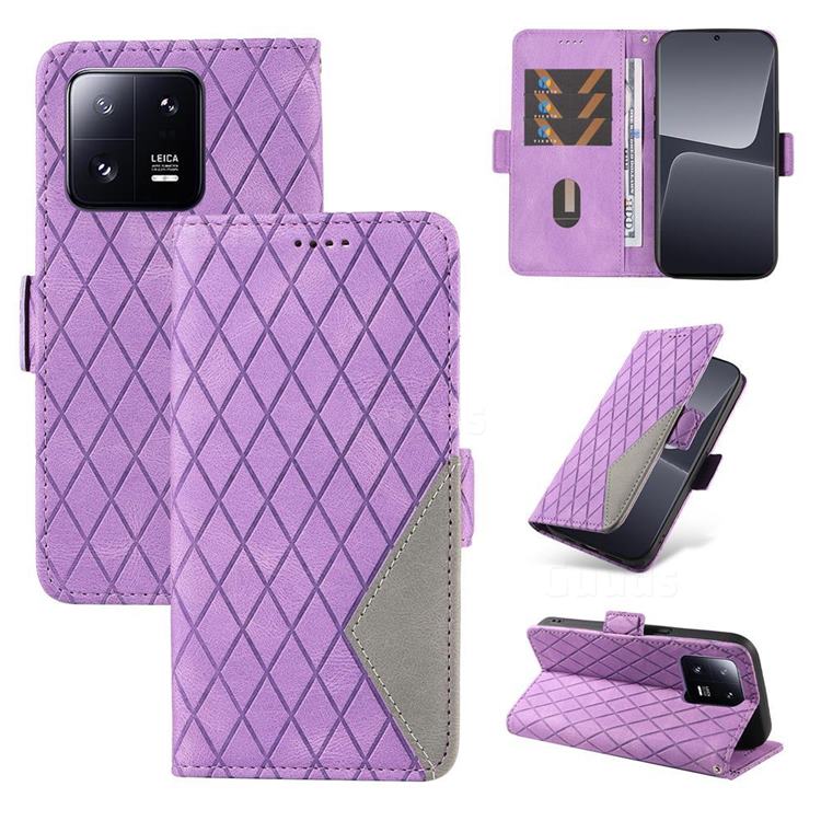 Grid Pattern Splicing Protective Wallet Case Cover for Xiaomi Mi 13 Pro - Purple