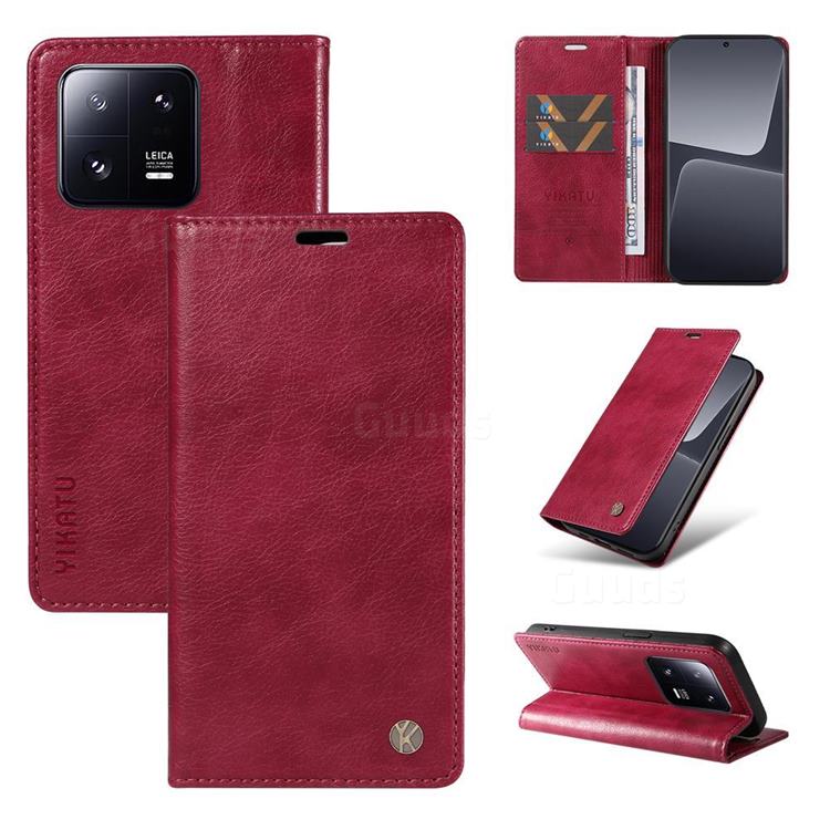 YIKATU Litchi Card Magnetic Automatic Suction Leather Flip Cover for Xiaomi Mi 13 Pro - Wine Red
