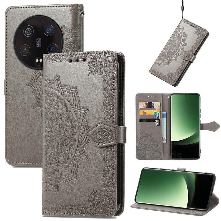 Embossing Imprint Mandala Flower Leather Wallet Case for Xiaomi Mi 13 Ultra - Gray