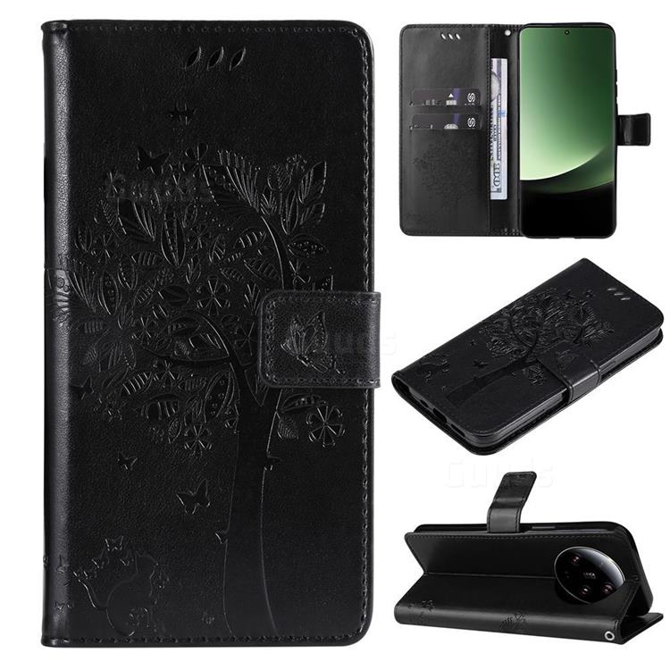 Embossing Butterfly Tree Leather Wallet Case for Xiaomi Mi 13 Ultra - Black