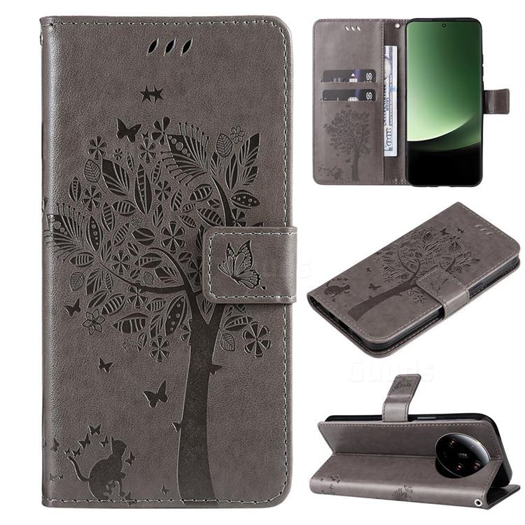 Embossing Butterfly Tree Leather Wallet Case for Xiaomi Mi 13 Ultra - Grey