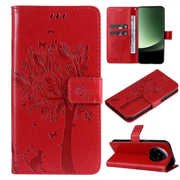 Embossing Butterfly Tree Leather Wallet Case for Xiaomi Mi 13 Ultra - Red