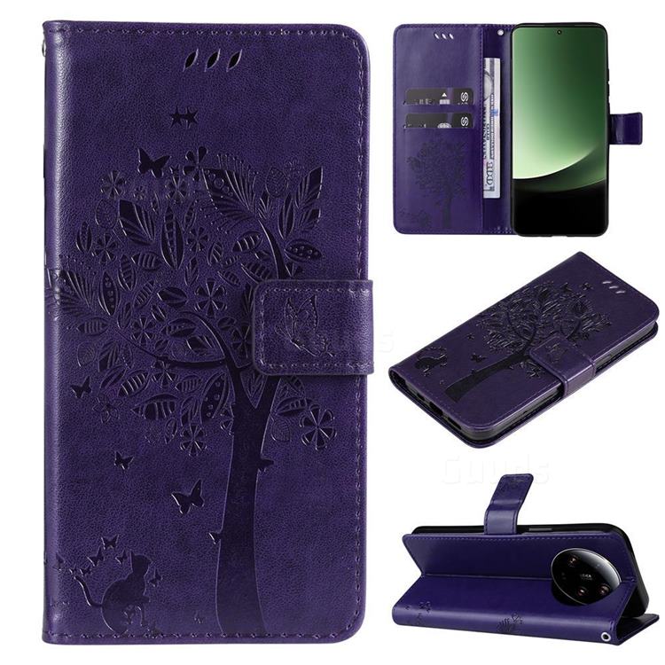 Embossing Butterfly Tree Leather Wallet Case for Xiaomi Mi 13 Ultra - Purple