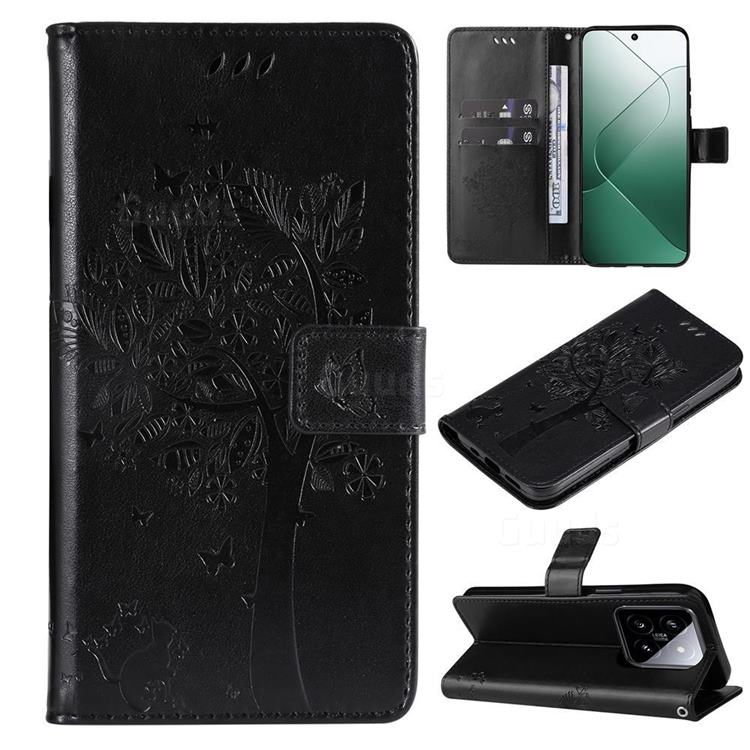 Embossing Butterfly Tree Leather Wallet Case for Xiaomi Mi 14 - Black