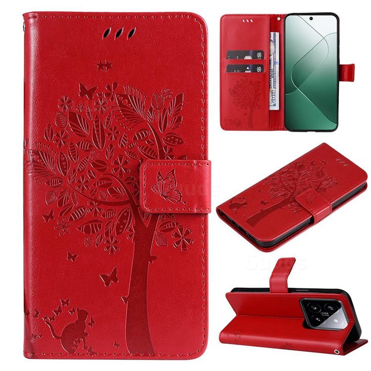 Embossing Butterfly Tree Leather Wallet Case for Xiaomi Mi 14 - Red