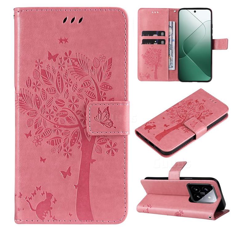 Embossing Butterfly Tree Leather Wallet Case for Xiaomi Mi 14 - Pink