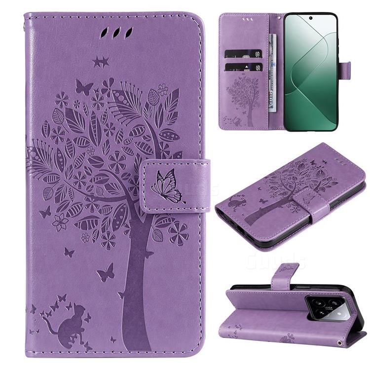 Embossing Butterfly Tree Leather Wallet Case for Xiaomi Mi 14 - Violet