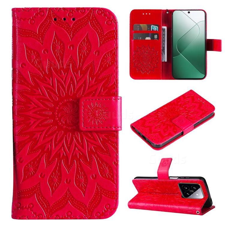 Embossing Sunflower Leather Wallet Case for Xiaomi Mi 14 - Red