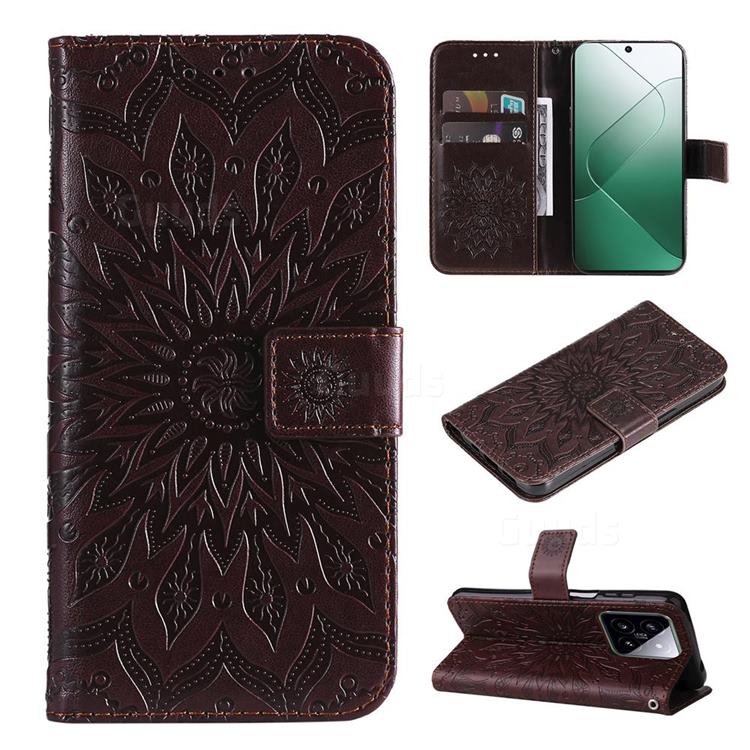 Embossing Sunflower Leather Wallet Case for Xiaomi Mi 14 - Brown