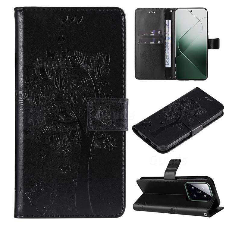 Embossing Butterfly Tree Leather Wallet Case for Xiaomi Mi 14 Pro - Black