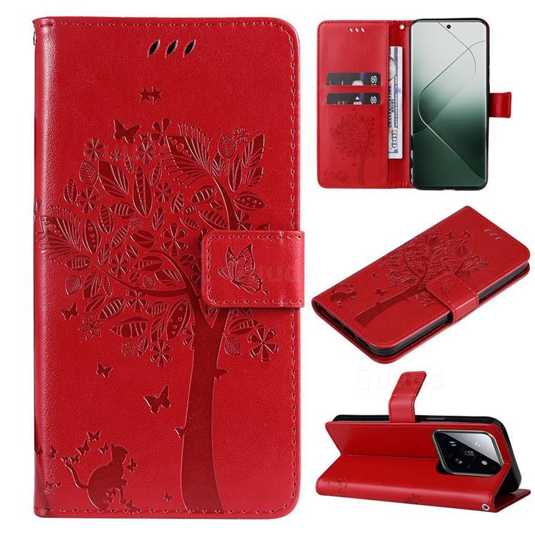 Embossing Butterfly Tree Leather Wallet Case for Xiaomi Mi 14 Pro - Red