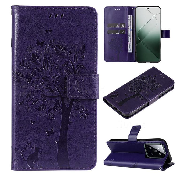 Embossing Butterfly Tree Leather Wallet Case for Xiaomi Mi 14 Pro - Purple