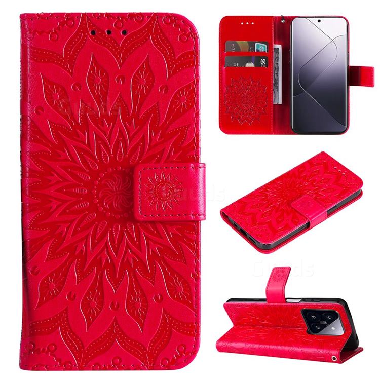 Embossing Sunflower Leather Wallet Case for Xiaomi Mi 14 Pro - Red