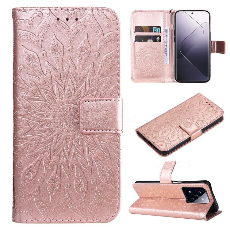 Embossing Sunflower Leather Wallet Case for Xiaomi Mi 14 Pro - Rose Gold