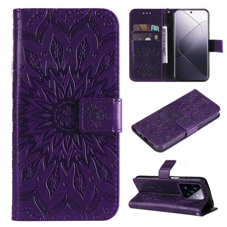 Embossing Sunflower Leather Wallet Case for Xiaomi Mi 14 Pro - Purple