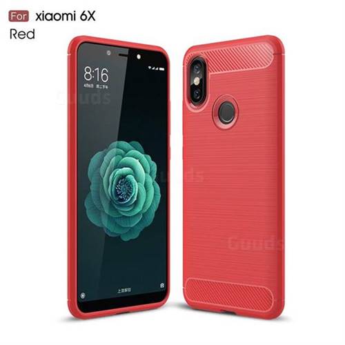 Luxury Carbon Fiber Brushed Wire Drawing Silicone TPU Back Cover for Xiaomi Mi A2 (Mi 6X) - Red