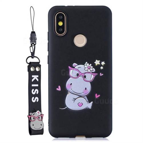 Black Flower Hippo Soft Kiss Candy Hand Strap Silicone Case for Xiaomi Mi A2 (Mi 6X)