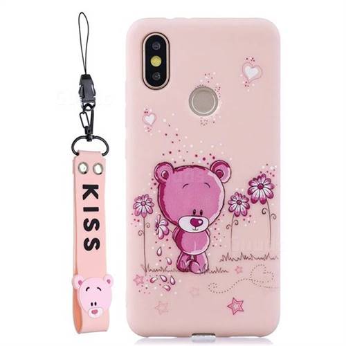 Pink Flower Bear Soft Kiss Candy Hand Strap Silicone Case for Xiaomi Mi A2 (Mi 6X)