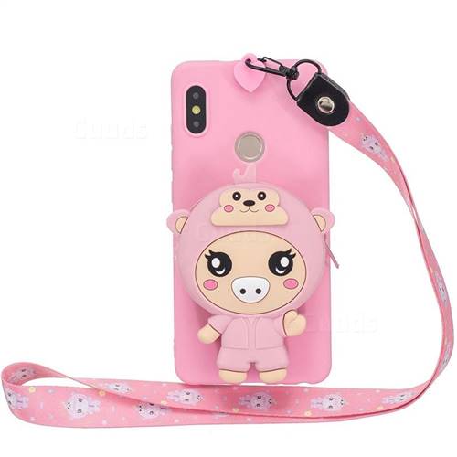 Pink Pig Neck Lanyard Zipper Wallet Silicone Case for Xiaomi Mi A2 (Mi 6X)