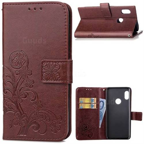 Embossing Imprint Four-Leaf Clover Leather Wallet Case for Xiaomi Mi A2 (Mi 6X) - Brown