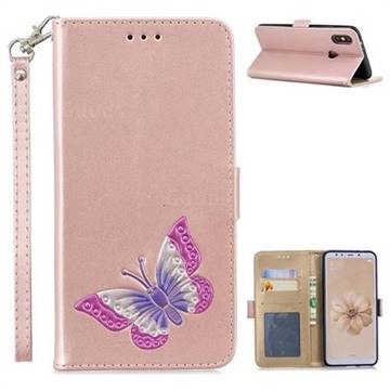Imprint Embossing Butterfly Leather Wallet Case for Xiaomi Mi A2 (Mi 6X) - Rose Gold