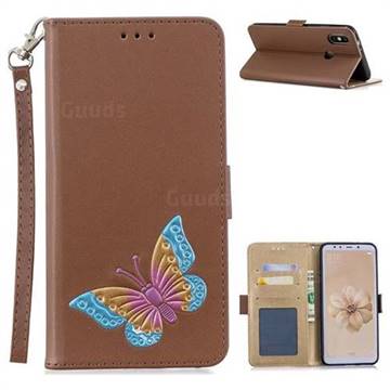 Imprint Embossing Butterfly Leather Wallet Case for Xiaomi Mi A2 (Mi 6X) - Brown